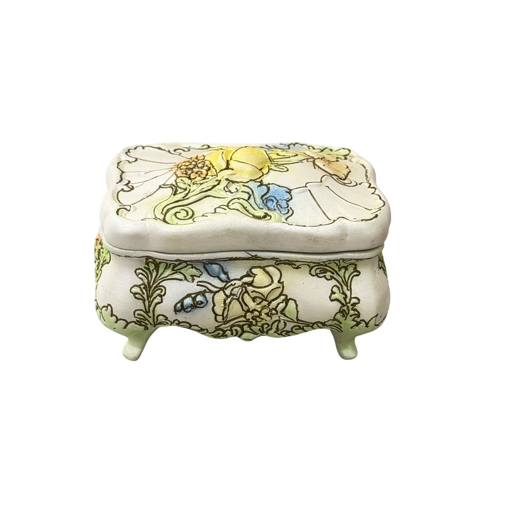 Scioto Trinket Box Unisex OS White Floral Ceramic Footed Jewelry Case 1995